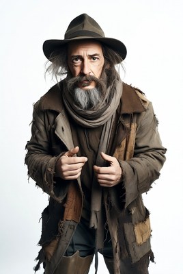 Man in tattered clothes stands with a focused expression