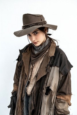 Rustic wanderer in tattered clothing poses confidently