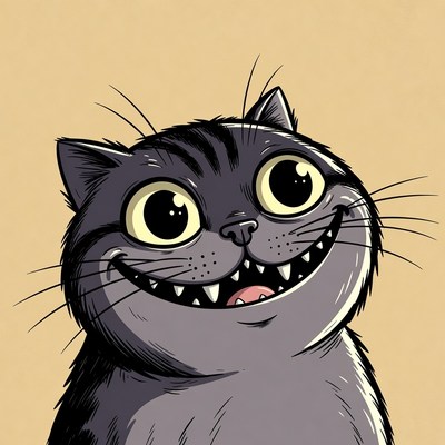 Happy cartoon cat with big smile and sharp teeth