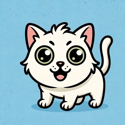 Cute white cat with big eyes on a blue background