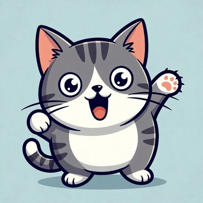 Happy cartoon cat waving with joy in a light background