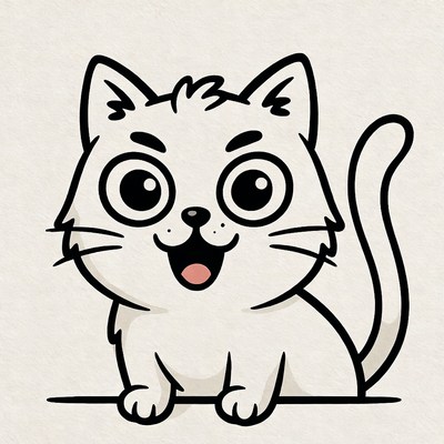 Cute cartoon cat with big eyes and happy expression