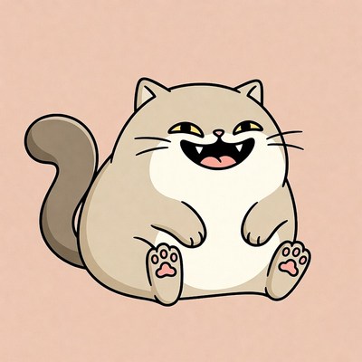 Funny cartoon cat with a big smile and round body