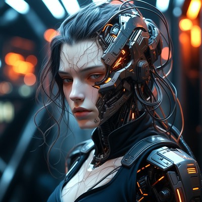 Futuristic cyborg woman in a neon-lit environment