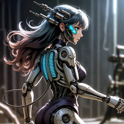 Futuristic robot woman walking in a cybernetic cityscape