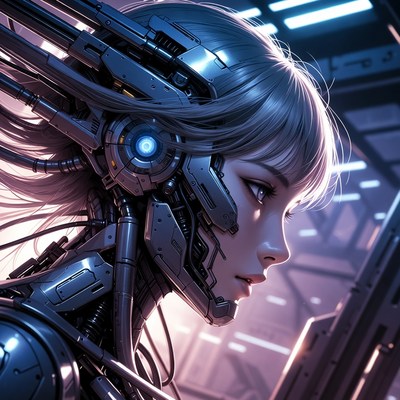 Robot woman with futuristic design in a sci-fi setting