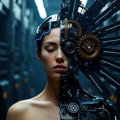 Robot woman with mechanical features in futuristic setting