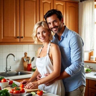 Couple cooking together in a cozy kitchen at home