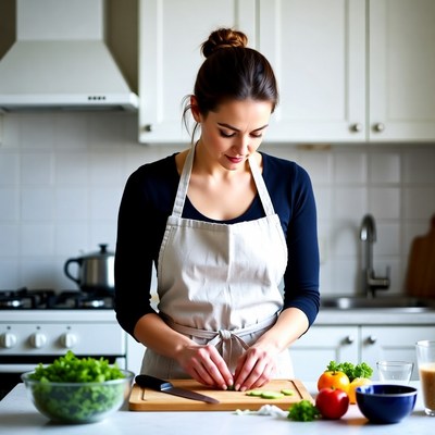 Young woman prepares fresh vegetables in a modern kitchen