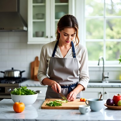 Woman preparing vegetables in a cozy kitchen setting