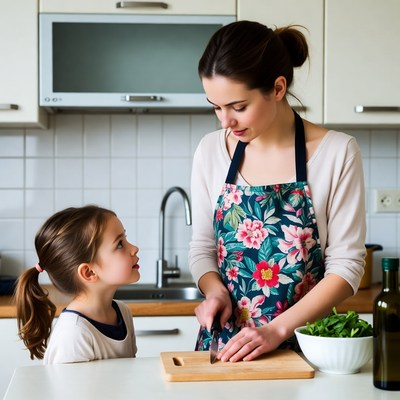 Mother prepares healthy meal with child in kitchen