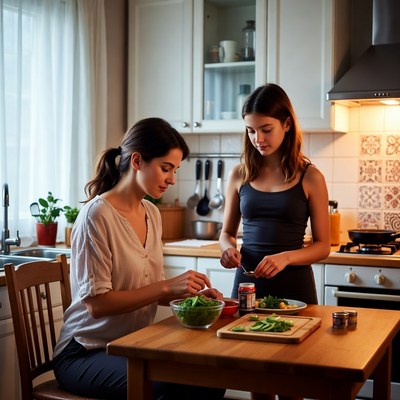 Family cooking together in a cozy kitchen at dusk