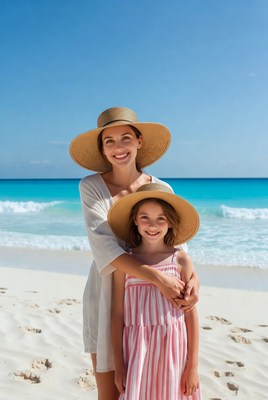 Mother and daughter enjoy a sunny beach day together