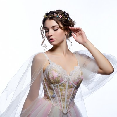 Elegant fashion model in floral dress with veil