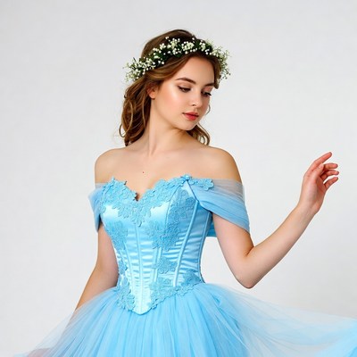 Beautiful young woman in blue gown with floral crown