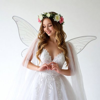 Fairy bride in a beautiful white gown with wings
