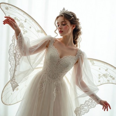 Enchanting fairy model poses in ethereal gown with wings