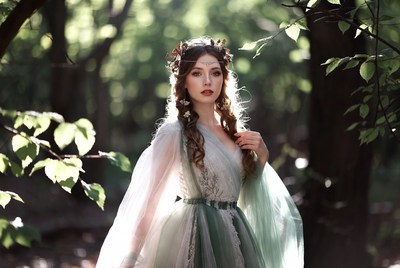 Enchanting young woman in forest with floral crown