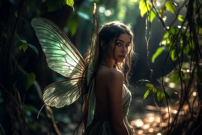 Fairy in a magical forest with shimmering wings
