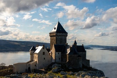 Majestic castle stands on cliff by serene lake in daylight