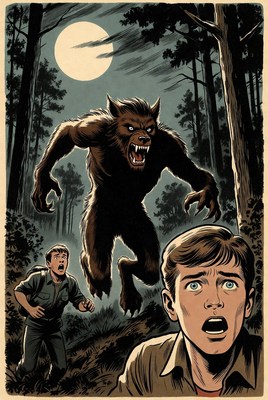 Night encounter with werewolf in dark forest scene