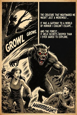 Scary creature chase in a dark forest at night