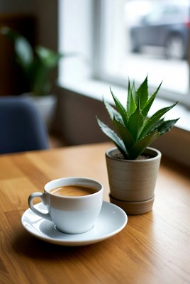 Coffee cup and green plant on a wooden table in a cafe