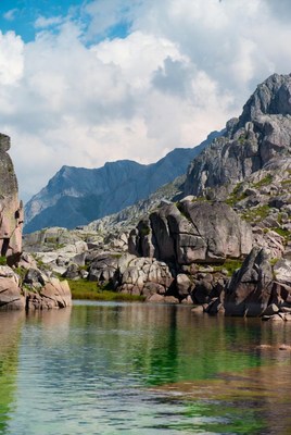 Stunning mountains with calm water and rocks