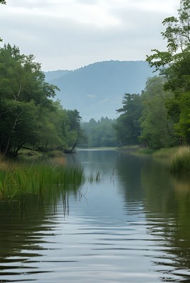 Calm river reflecting trees and mountains in the distance