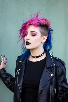 Colorful hairstyle and edgy fashion in urban setting