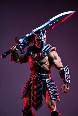 Warrior figure in battle pose with sword in hand