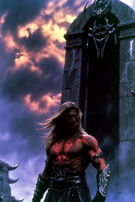 Warrior stands proudly in dark castle ruins at sunset