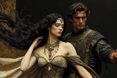 Couple in elegant costumes poses for a romantic scene