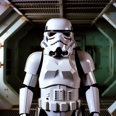 Stormtrooper stands in a futuristic hallway