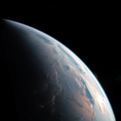 Planet seen from space with a curved horizon view