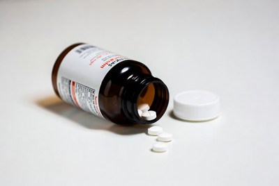 Pills spilled from a brown bottle on a white surface