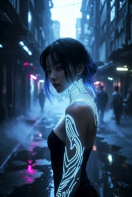 Cyberpunk woman in an urban alley at night