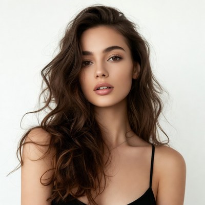 Woman with long wavy hair poses against a light background