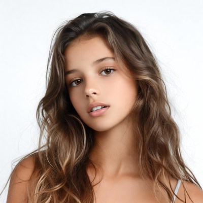 Young woman with wavy hair on light backdrop