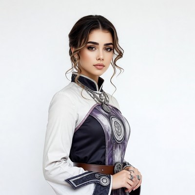Model poses in a stylish costume with detailed design