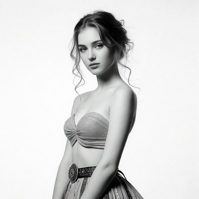 Model poses in stylish outfit with soft lighting