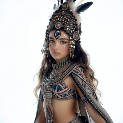 Young girl in colorful tribal costume with feathers