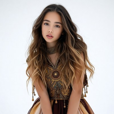 Young girl in artistic outfit with flowing hair