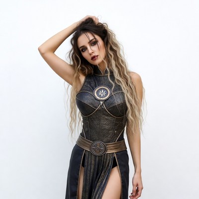 Woman in dark fantasy costume poses with confidence