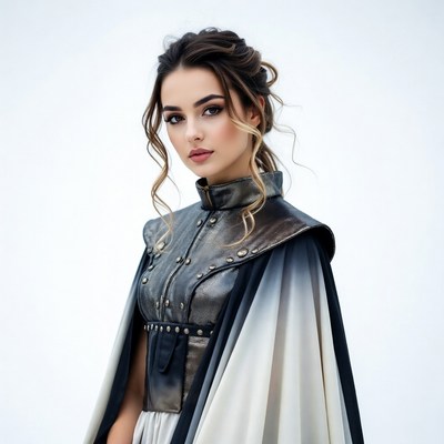Woman in elegant fantasy attire with dramatic cape