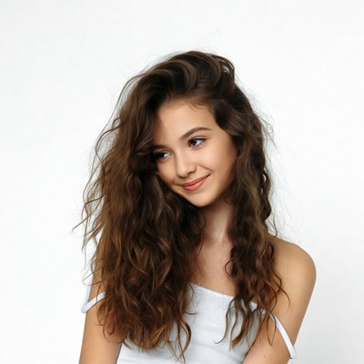 Girl with curly hair smiles softly against white backdrop