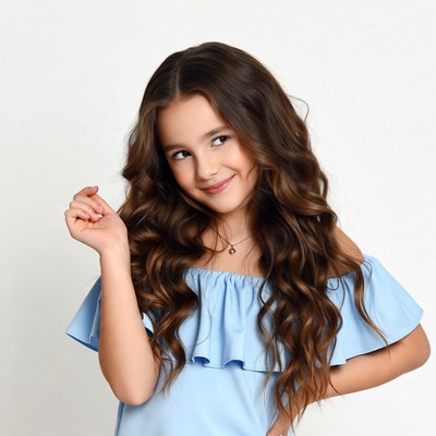 Child posing with playful expression in light blue dress