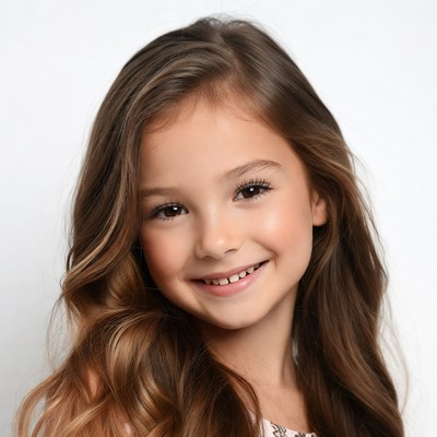 Cheerful girl with wavy hair smiling brightly indoors