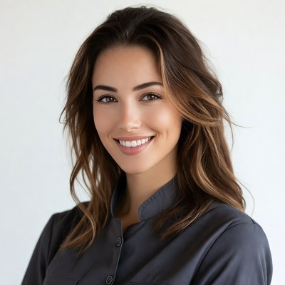 Smiling woman with flowing hair in casual setting