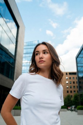 Woman in casual outfit standing near modern buildings